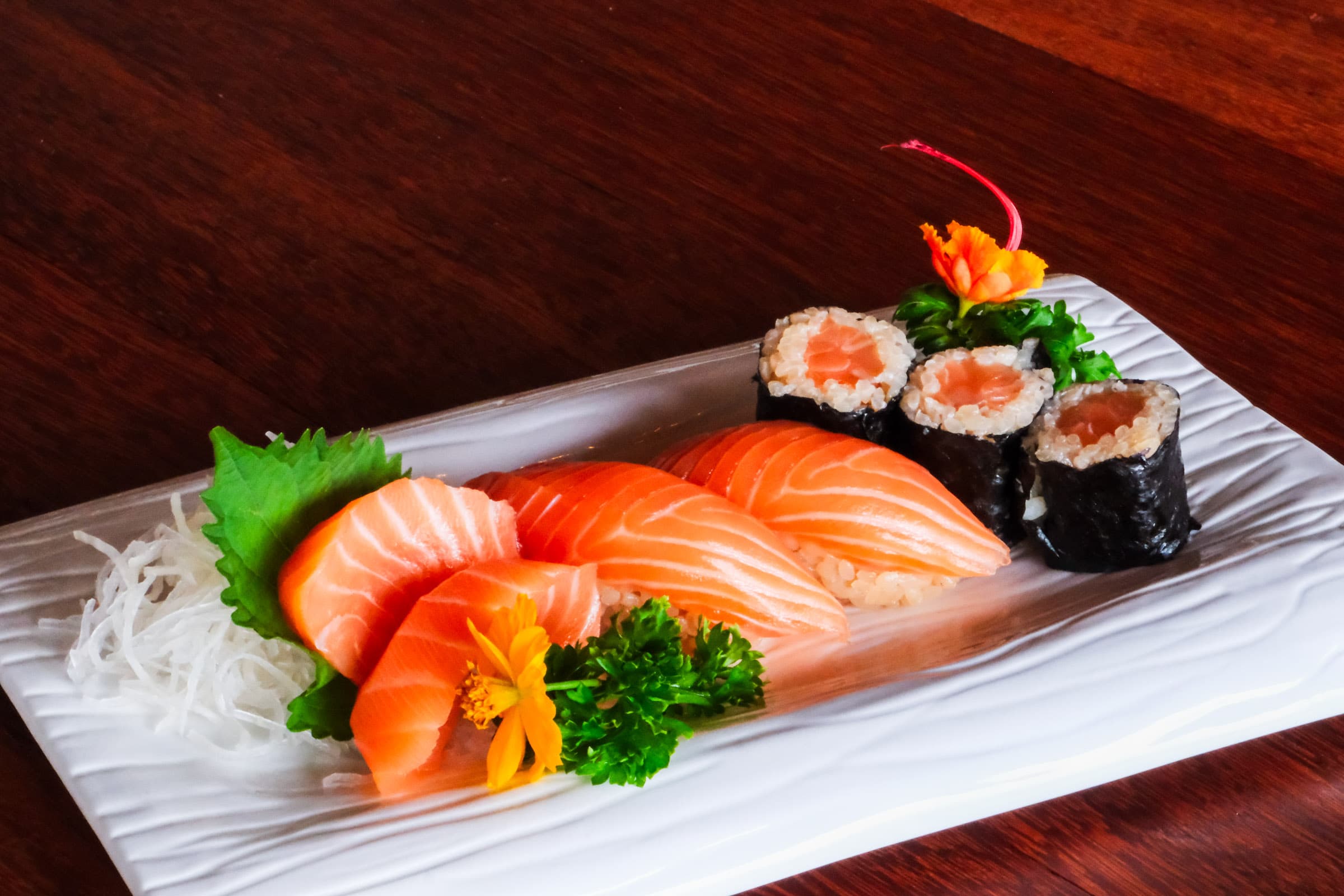 Fresh salmon sashimi and maki